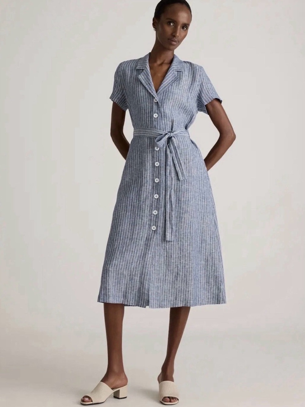 Quince 100% Linen Stripe Shirt Dress Blue White Button Front Belted Sz M